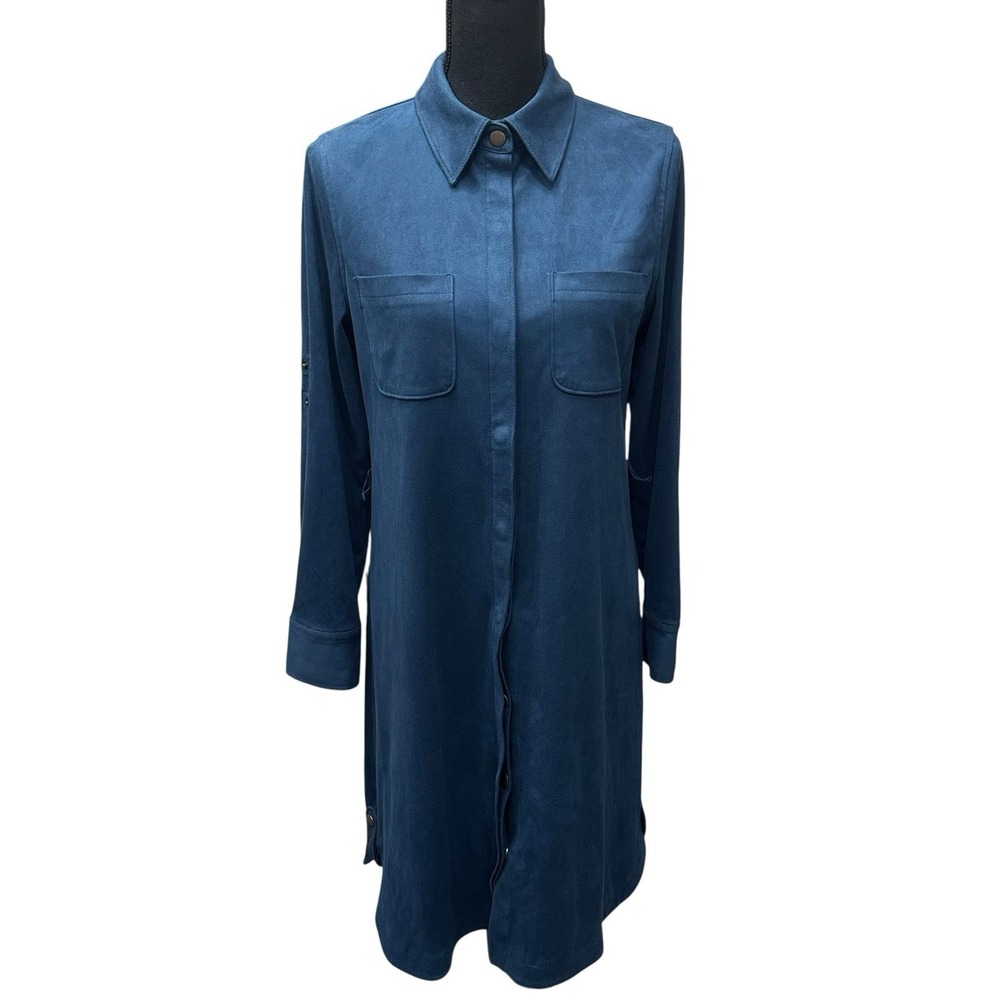 Soft Surroundings Shirt Dress Sz Small Dark Teal Snap Button Up Roll Tab Sleeve